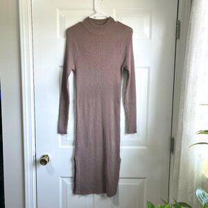 Megashoni Bodycon Long Sleeve Sweater Tan Dress Mock Turtleneck Midi Size Large
